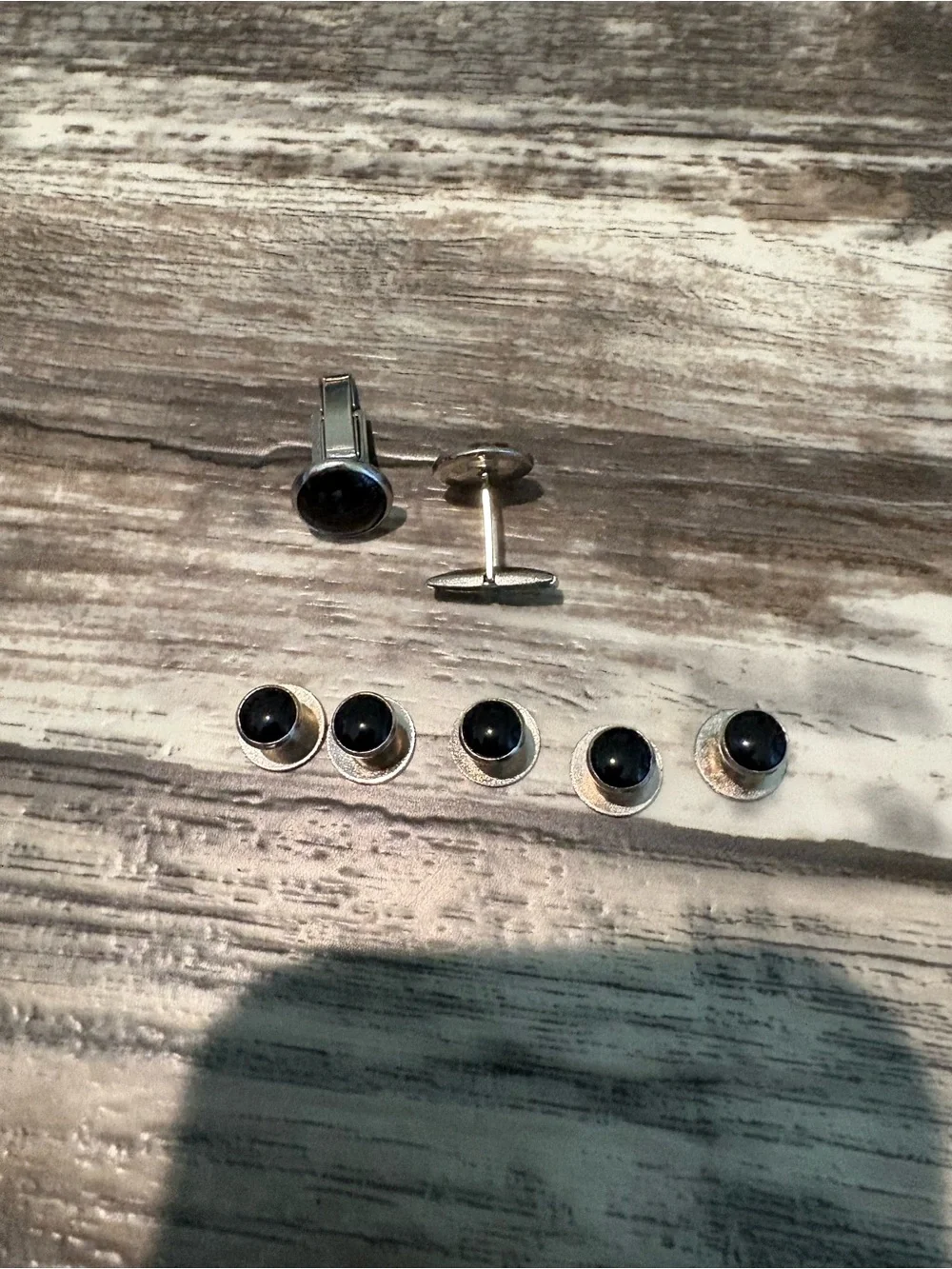 Silver Cufflinks and Stud Set with Black Inset